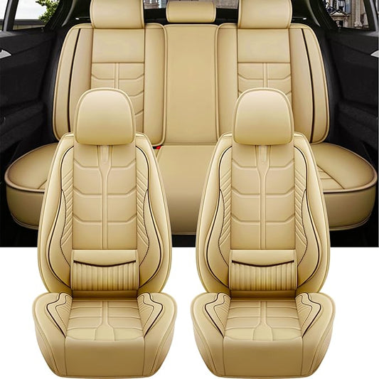 Amooca Car Seat Covers Full Set Automotive Seat Protection Fit for Most Cars SUVs Front & Back Seats Waterproof Nappa Leather Car Seat Cushion Protector Beige