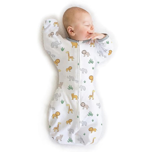Amazing Baby Transitional Swaddle Sack, Arms Up Half-Length Sleeves & Mitten Cuffs, Swaddle for Newborn Transition to Baby Sleep Sack Wearable Blanket, Small, 0-3 Month, 6-14 lb, On Safari