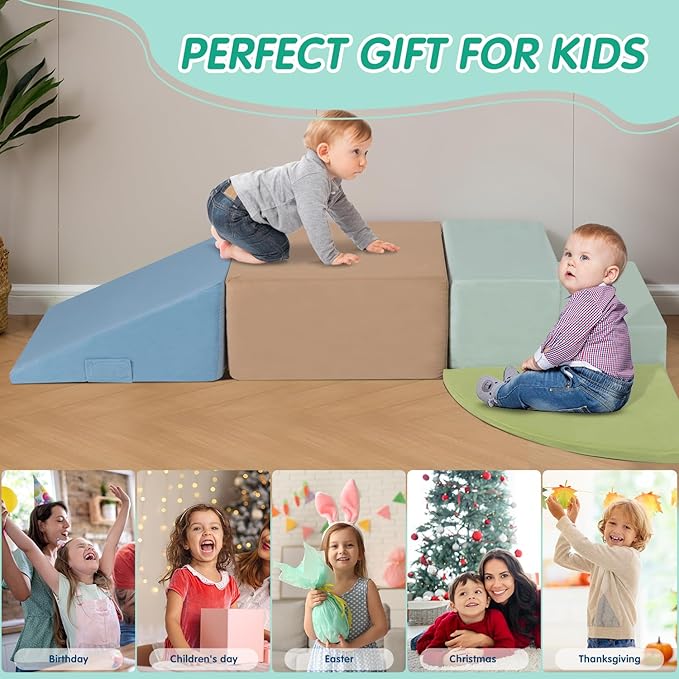 Large 4 Pcs Climbing Toys for Toddlers 1-3 Inside, Oderless & Skin-Friendly Toddler Climbing Toys Indoor, Foam Climbing Blocks for Toddlers with Velcro to Keep Them Together-Ideal Gift