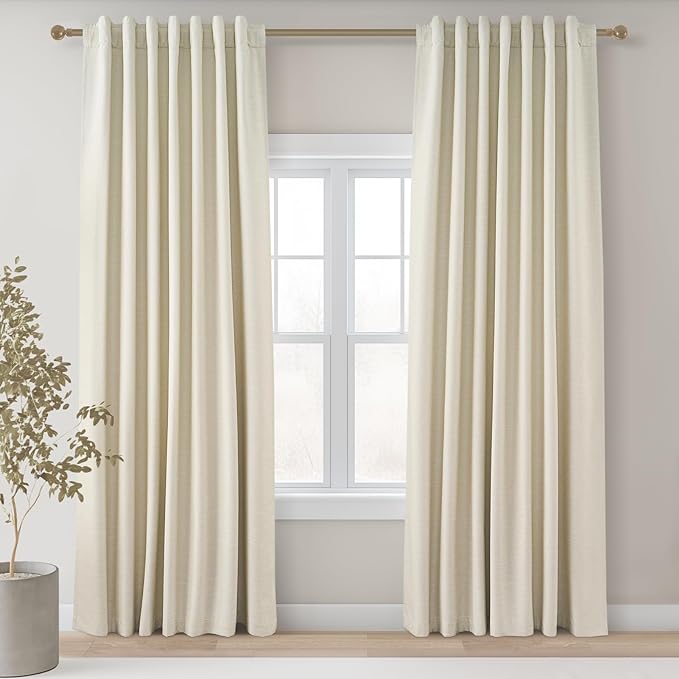 86 Inches Long Cream Colored Custom Blackout Linen Curtains Ivory Cream Pinch Pleated Noise Cancelling Curtains with Pin Hooks for Traverse Burlap Viral Drapes 2 Panels for Living Room Bedroom
