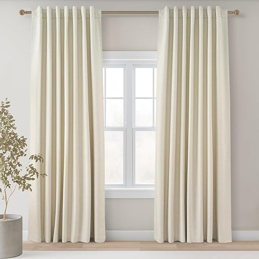 86 Inches Long Cream Colored Custom Blackout Linen Curtains Ivory Cream Pinch Pleated Noise Cancelling Curtains with Pin Hooks for Traverse Burlap Viral Drapes 2 Panels for Living Room Bedroom