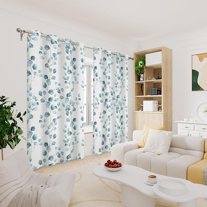 Renaiss Eucalyptus Leaf Curtains Green Eucalyptus Print Blackout Window Drapes for Bedroom Botanical Grommet Top Thermal Insulated Window Curtains for Living Room 42W x 63L 2 Panel Set