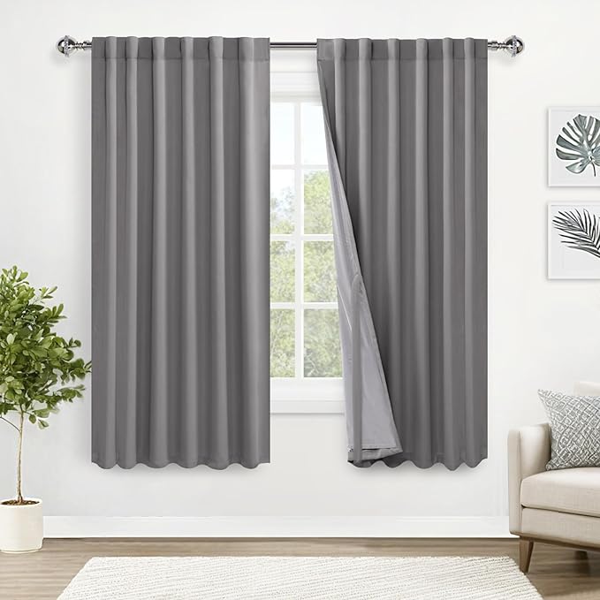 XWZO Total Blackout Curtains 63 Inches Long - Rod Pocket/Back Tab Double Layer Full Room Darkening & Energy Saving Window Panels with Tiebacks for Living Room/Bedroom, Grey, W52 x L63, Set of 2