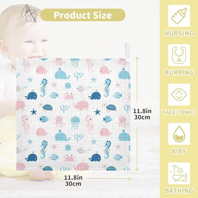 vvfelixl Baby Muslin Washcloths, Cute Sea Life Burp Cloths, Cotton Face Towel for Newborn Infants Boys Girls Soft and Absorbent 11.8 X 11.8 in, 3 Pack