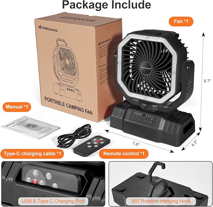 Odoland Portable Camping Fan with LED Lantern, 20000mAh Rechargeable Battery Powered Fan with Auto Oscillation, Timer, Remote, 360° Rotation Hook, 4 Speeds for Power Outage Travel Home, Black