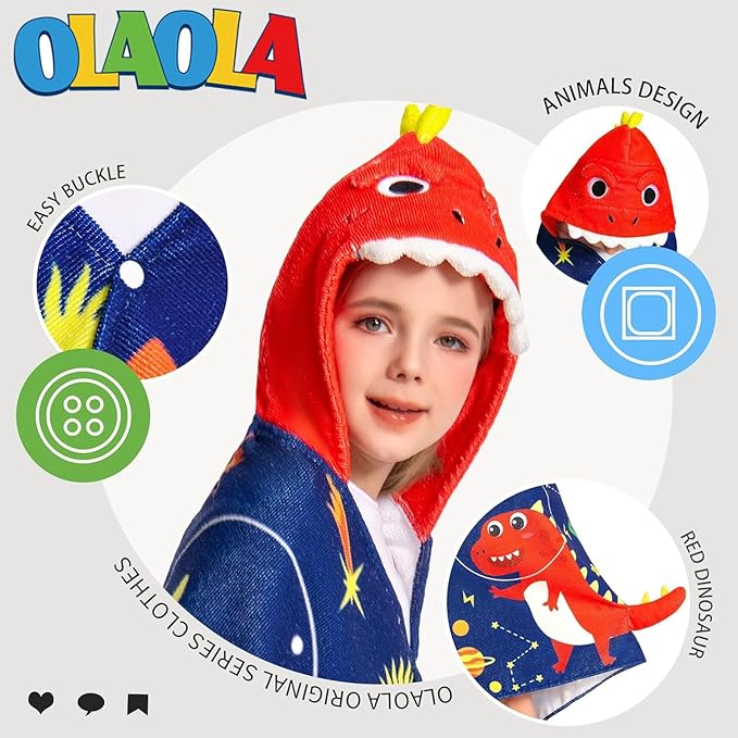 OLAOLA Space Dinosaur Hooded Towel for Kids 3-12 Years, Soft Thick Absorbent Beach Towels, Toddler Bath Towel Wrap 28" x 53", Swim Pool Towels Poncho for Boys Girls