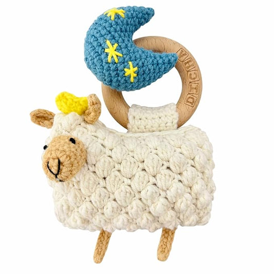 DICHA Wood Baby Rattle-Infant Crochet Rattle Sensory Development Wooden Toys Set-Includes Beech Wooden Teething Ring-Sheep