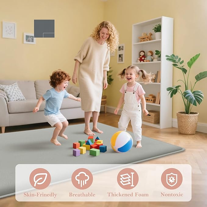 PapaMama Baby Play Mat for Floor,1.3" Thick Elasti-Foam 50"×50" Playpen Mat for Tummy Time,Water Repellent Soft Coral Velvet for Toddler,Infant,Kids,Non-Slip Backing Safe for Crawling(LightGrey)