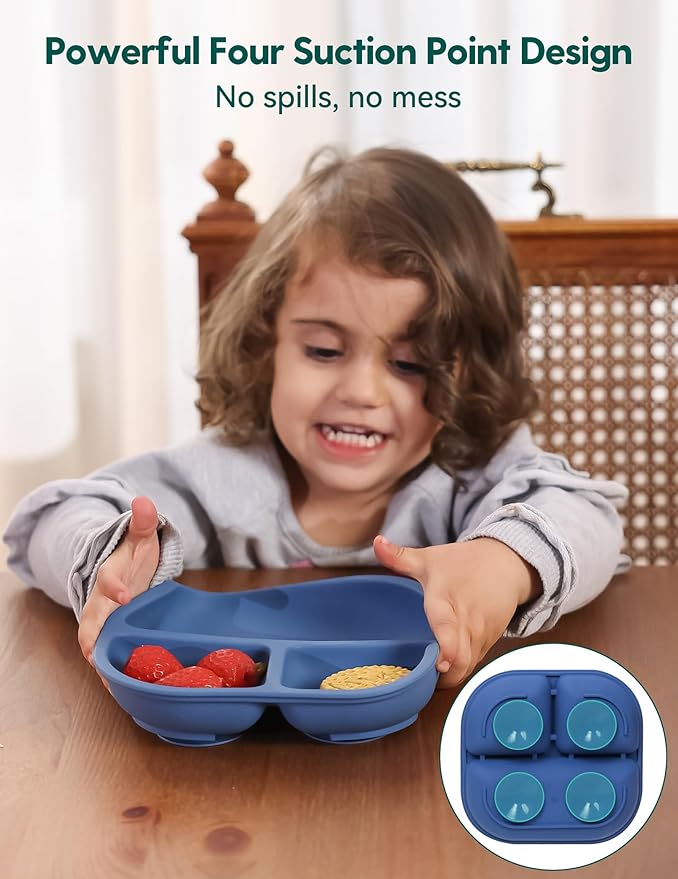 BABELIO Powerful Suction Plates for Baby & Toddler, 100% Food Grade Silicone, Divided, BPA Free, Microwave & Dishwasher Safe