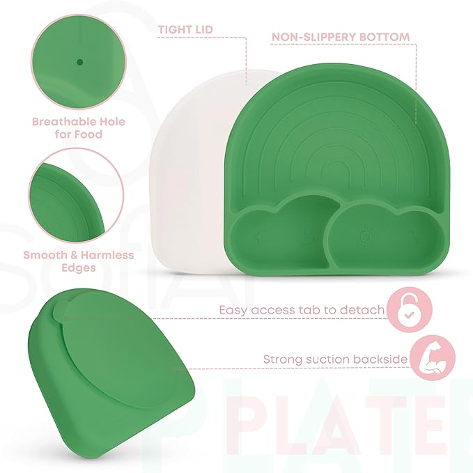 SofiAl All In One Silicone Feeding Set - Safe for 6-12 Months - Non-Toxic Baby Led Weaning Supplies - Toddler Self Feeding Utensils - BPA-Free - Mess Free Essentials