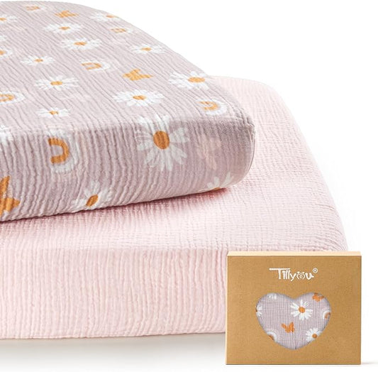 TILLYOU Muslin Mini Crib Sheets 2 Pack, Pack and Play Mattress Sheets Fitted for Pack N Play, 38 x 26 Sheet for Toddler, Pink Butterfly