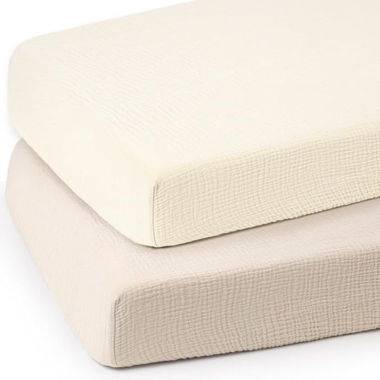 lulumoon Mini Crib Sheets Muslin: Soft Cotton Fitted Mini Crib Mattress Sheets for Boys and Girls 2Pack