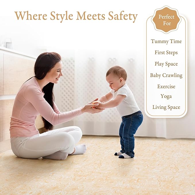 PopsyKosy Premium Baby Floor Play Mat - Thick & Cushioned 0.5 inch Playroom Foam Mat, Non-Toxic Odorless - 6 Tiles - Spacious 6x4 ft. - Stylish & Large, Waterproof for Kids & Toddlers - Light Apricot