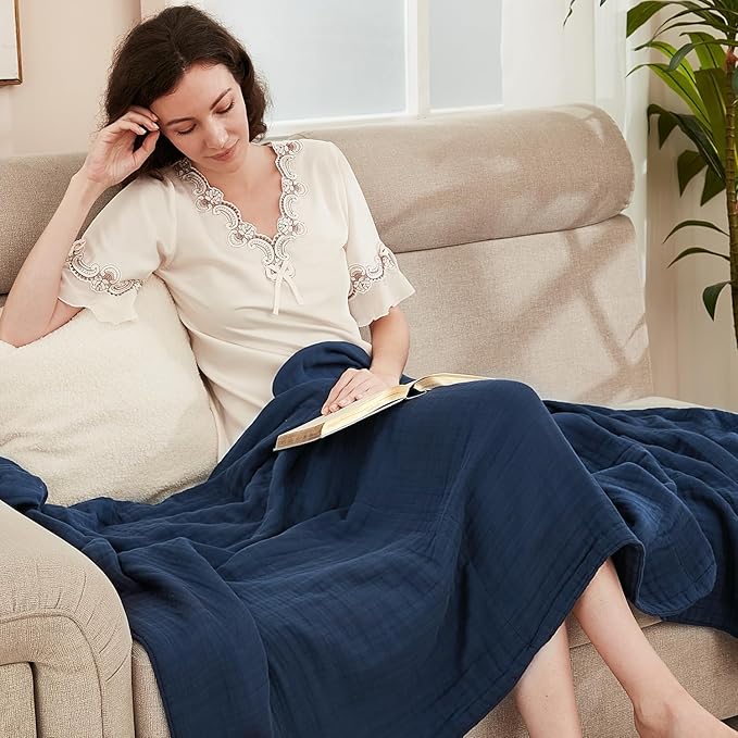 EMME Muslin Blanket 100% Cotton Throw Blankets for Couch Breathable Gauze Blanket All Season Soft and Lightweight Pre-Washed Cotton Blanket (Navy, 50"x70")