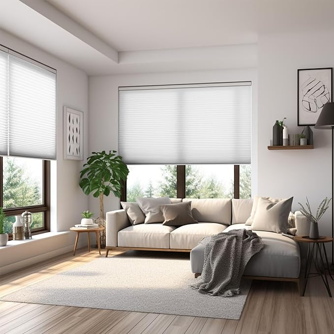 Changshade Cordless Cellular Shades, Light Filtering Honeycomb Shades for Windows, Pull Down Pleated Blinds, Easy to Install for Indoor Windows and French Doors,21" W x 36" H, White