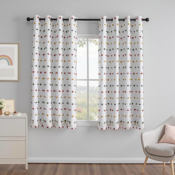 MEETSKY Kids Blackout Curtains for Girls Bedroom 63 Inches Long Rainbow Yellow Red Green Pom Pom Curtains for Nursery 2 Panels Small Window Curtains with 2 Layered Room Darkening Grommet,52 x 63 Inch