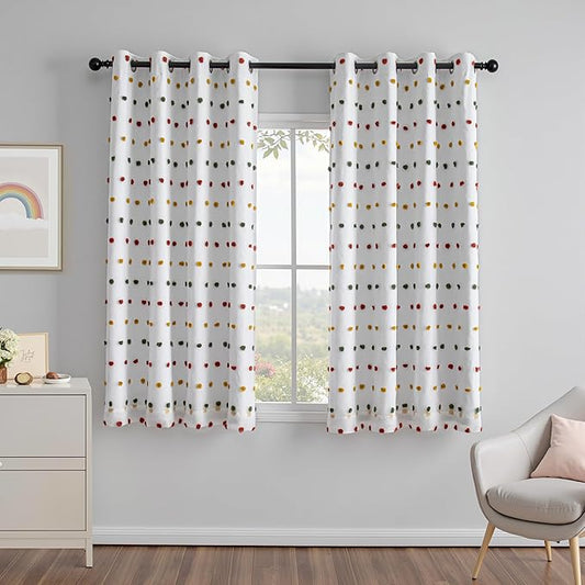 MEETSKY Kids Blackout Curtains for Girls Bedroom 63 Inches Long Rainbow Yellow Red Green Pom Pom Curtains for Nursery 2 Panels Small Window Curtains with 2 Layered Room Darkening Grommet,52 x 63 Inch