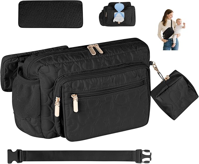 Rexmore Puffer Quilted Fanny Pack Diaper Bag for Mom - Women‘s Compact Crossbody Purse with Portable Changing Pad & Wipes Pouch, Travel & Quick Errand Baby Essentials Organizer(Black)