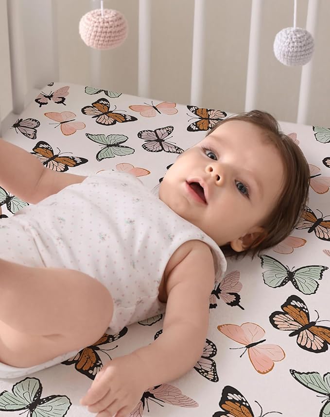 Pack and Play Sheets 2 Pack, Fitted Jersey Knit Mini Crib Sheets for Baby Boys and Girls, Compatible with Graco Pack N Play and Mini Crib Mattress (Butterfly Dance, Pack N Play/Mini Crib Sheets)