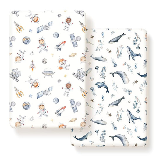 GRSSDER Stretchy Ultra Soft Jersey Knit Pack and Play Sheets 2 Pack, Portable/Mini Crib Sheets Universal Fitted for Playpen Mattress Safe and Snug, Cute Sea Fish & Space Print