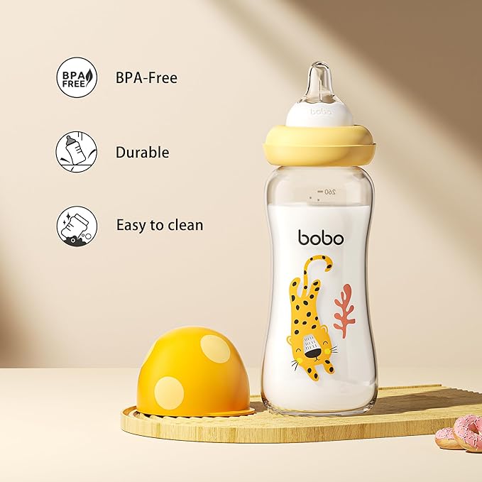 YOHKOH Natural Glass Baby Bottle with Level 2 Medium Flow Nipple, Newborn Anti-Colic Baby Bottles, Wide Neck Mushroom Baby Glass Bottle (8.8ounce (Pack of 4), Yellow2)