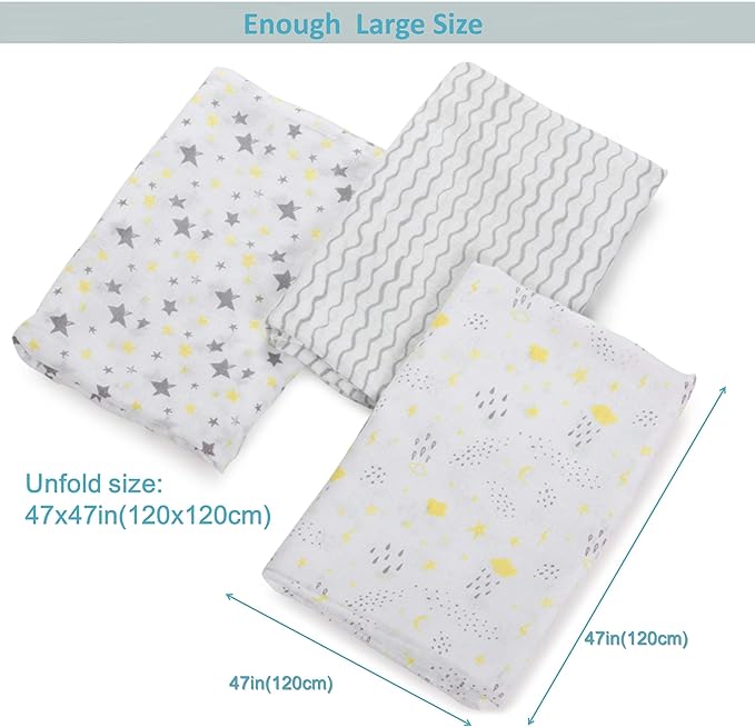 Little Grape Land Muslin Swaddle Blankets 47''x47'' 3 Pack, 100% Cotton Large Size Baby Swaddles for Newborn, Soft Breathable Baby Blankets for Newborns, Yellow