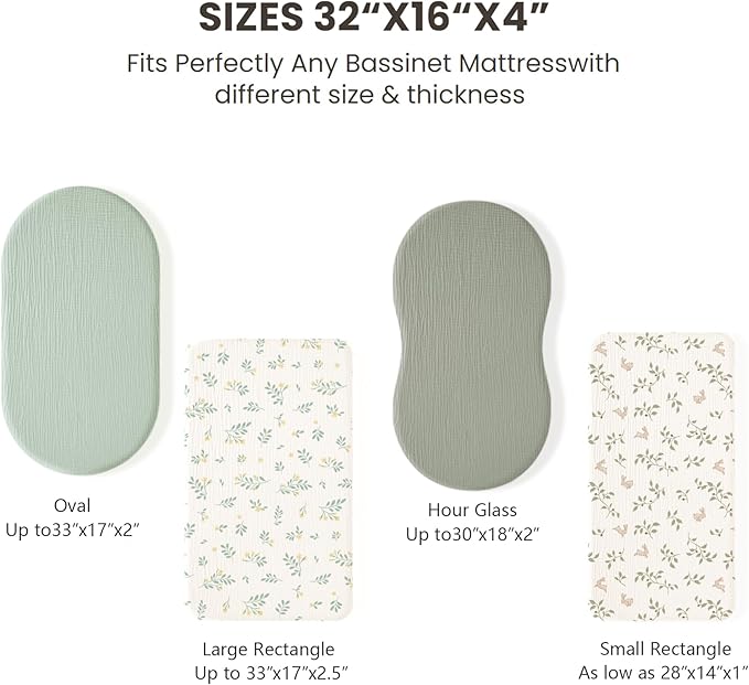 Konssy 2 Pack Muslin Bassinet Sheets for Baby Boy, 100% Cotton Soft Breathable Bassinet Mattress Sheets Fit for Hourglass Oval Cradle Rectangle Mattress (Leafy,Green)
