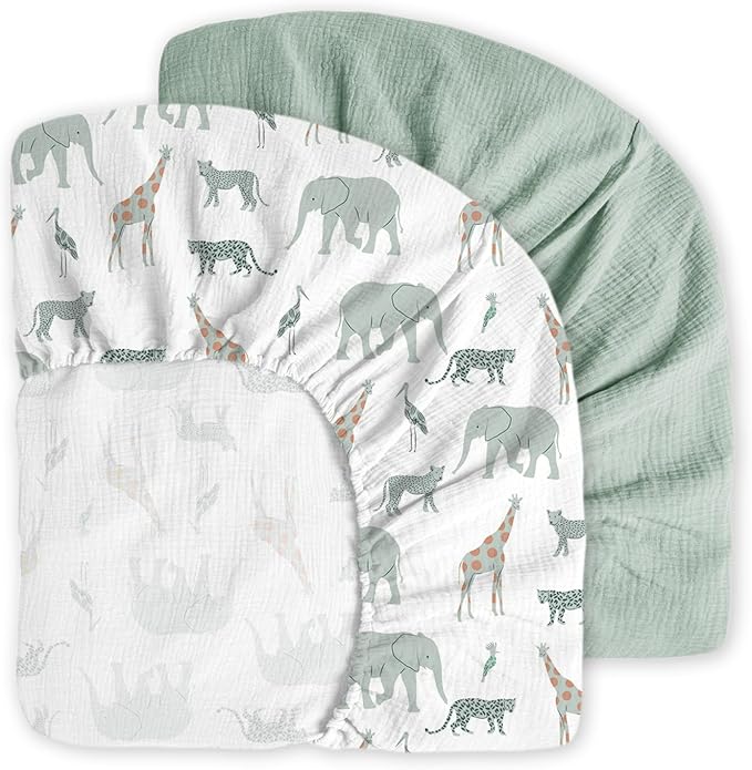 Little Grape Land Muslin Crib Sheets Fitted for Boys and Girls 2 Pack, 100% Cotton Baby Bed Sheets Soft Breathable, Neutral Fitted Baby Mattress Sheets for Standard Crib 52x28, Safari