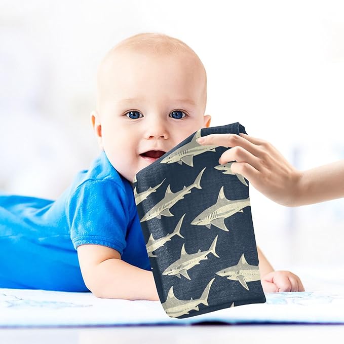 vvfelixl Sharks in Ocean Baby Burp Cloths Baby Muslin Washcloths for Boys Girls Cotton Babys Face Towel for Newborn Infants Soft and Absorbent 11.8 X 11.8 in, 5 Pack