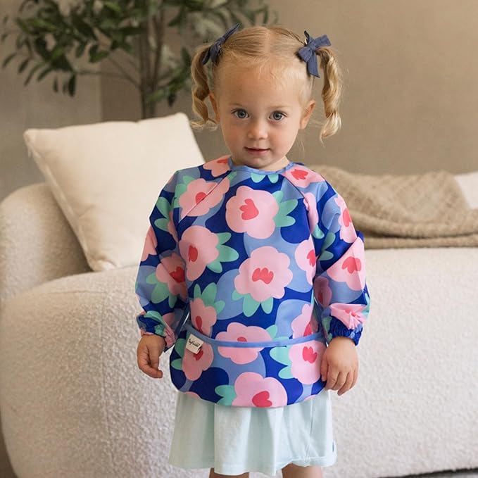 Tiny Twinkle Long Sleeve Bib for Babies & Toddlers | Waterproof Smock Bib for Eating | Machine Washable & Mess-Proof Feeding Essentials | Newborn Shower Gift (Floral Blue, 2-4Y)