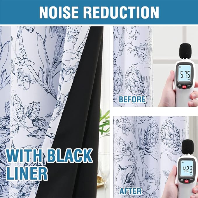 H.VERSAILTEX 100% Blackout Curtains for Living Room Camellia Floral Blackout Curtains 63 Inches Long Light Blocking Window Treatment Curtains with Black Liner Grommet Thermal Drapes, 2 Panels, Navy