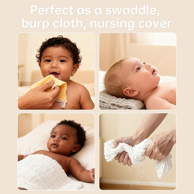 Bear Rocket Organic Muslin Baby Washcloths 6 Pack Baby Bath Face Towel 12x12 Inch Extra Absorbent and Soft Burp Cloth and Wash Cloths for Newborn-Infants On Sensitive Skin (White Brown Yellow)