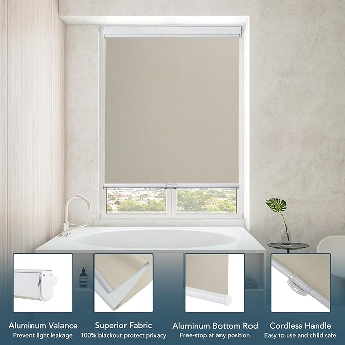 Roller Window Shades Free-Stop Cordless Blackout Blinds, Thermal Insulated Pull Down Shades for Windows, UV Protection Fabric Roller Blinds for Home Office (28.25" Wx72 H, Ivory)