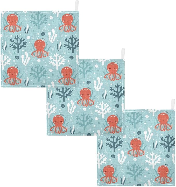vvfelixl Baby Muslin Washcloths Octopus Swimming Underwater Baby Burp Cloths Cotton Baby Face Towel for Newborn Infants Boys Girls Soft and Absorbent 11.8 X 11.8 in, 3 Pack