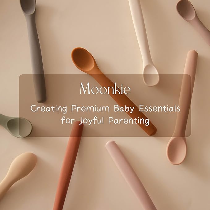 Moonkie Silicone Baby Spoons Set of 4, Toddler Spoons for Self Feeding 6 Months, Two Sizes Feeding Spoons for First Stage 4+ Months, Infant, Baby Utensils with Case, Bendable, Chewproof & Boil-proof
