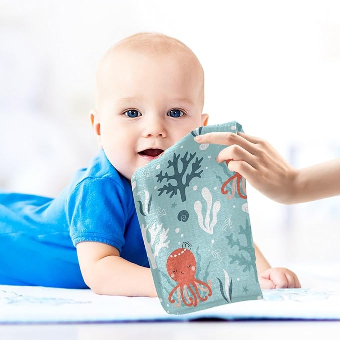 vvfelixl Baby Muslin Washcloths Octopus Swimming Underwater Baby Burp Cloths Cotton Baby Face Towel for Newborn Infants Boys Girls Soft and Absorbent 11.8 X 11.8 in, 3 Pack