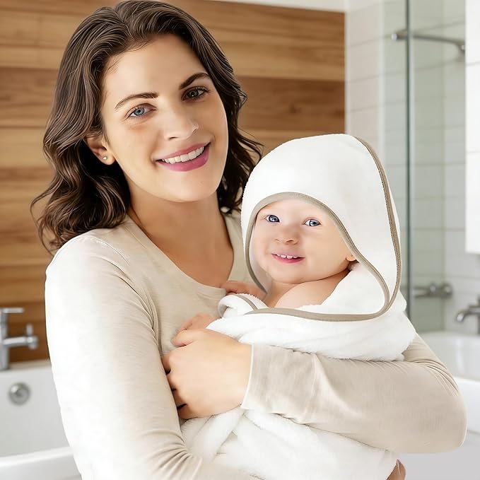 2 Pack Baby Bath Towel - Rayon Made from Bamboo, Ultra Soft Hooded Towels for Babies,Toddler,Infant - Newborn Essential -Perfect Baby Registry Gifts (White and Brown, 30 x 30 Inch)