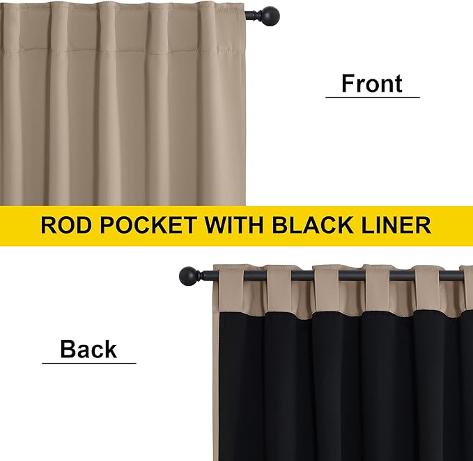 NICETOWN Taupe 100% Blackout Curtains for Bedroom, 52x84 Inches Set of 2 for Living Room, Rod Pocket Back Tab & Noise Reducing Drapes Black Lined Insulated Window Treatment Panels