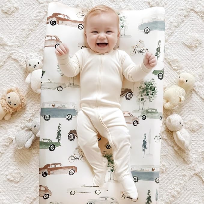 GRSSDER Stretch Ultra Soft Jersey Knit Changing Pad Cover Set 2 Pack, Change Table Pad Covers Fit 32"/34" x 16" Pads Safe and Snug, Pretty Diaper Changing Pad Covers of Cars Print