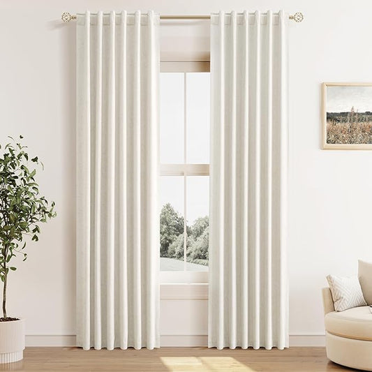 Guken 100% Blackout Cream Linen Curtains 52 Inch Wide by 82 Inch 2 Panels Set for Living Room Bedroom Back Tab Thermal Insulated Black Out Linen Drapes Room Darkening Window Curtains