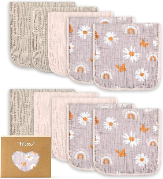 TILLYOU Muslin Burp Cloths Baby Boy Girl 20" x 10", 6-Layer Absorbent 100% Cotton Burping Cloths Large Soft, 10 Pack(Pink Butterfly)