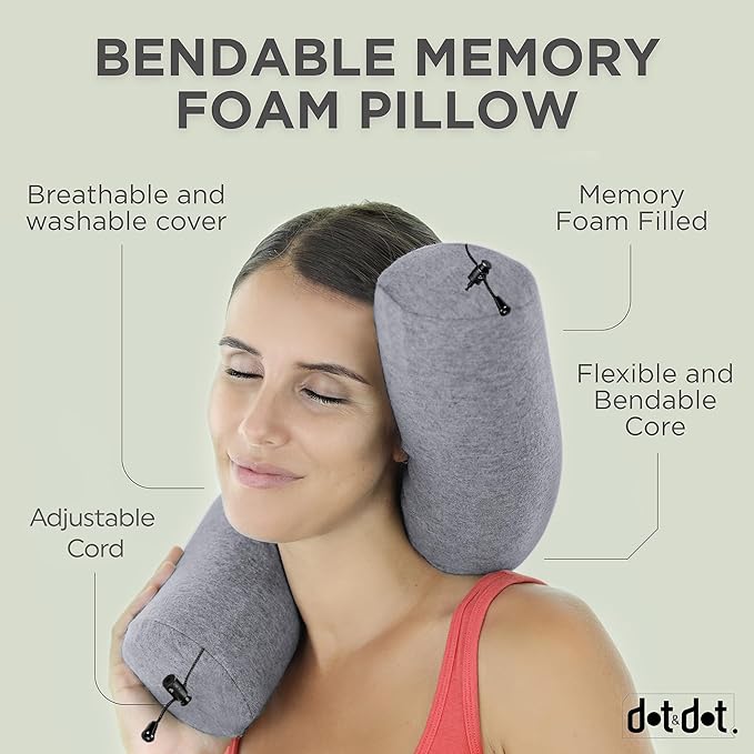 Dot&Dot Twist Memory Foam Travel Pillow for Airplanes - Travel Neck Pillow for Sleeping - Airplane Pillow for Neck Support, Lumbar and Leg - Adjustable, Bendable Neck Roll Pillow (Gray DarkBlue AC)