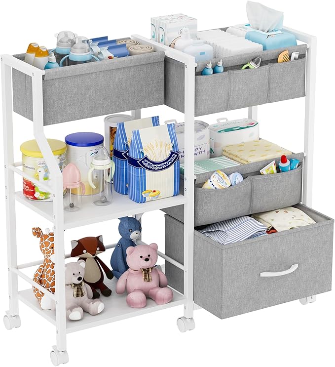 Baby Diaper Caddy Organizer and Storage, 3 Tier Rolling Cart with Dividers and Drawers, Mobile Utility Cart with Wheels for Nursery, Bedroom, Baby Newborn Essentials Storage Cart, White