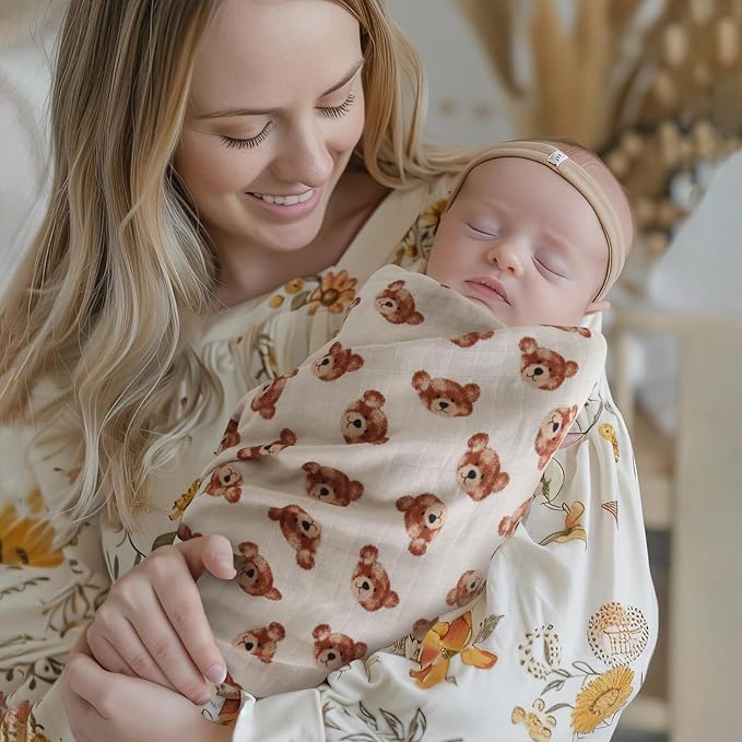 LifeTree Muslin Baby Swaddle Blankets, Boys Girls Muslin Swaddling Wrap Receiving Blanket for Newborn, 70% Viscose from Bamboo and 30% Cotton, Large 47" x 47", Bear Head Pattern