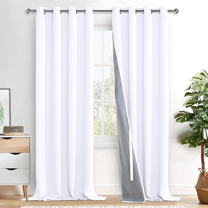 XWZO White 100% Blackout Curtains - Heat and Full Light Blocking Drapes with Black Liner for Bedroom/Laundry Room, Grommet Top Extra Large Window Panels with Tiebacks, White, W52 x L108, Set of 2