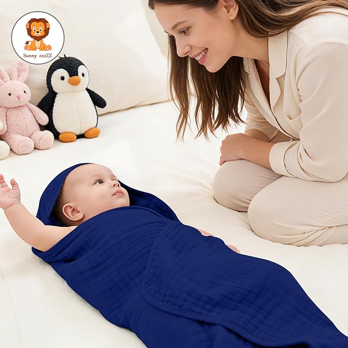 Sunny zzzZZ Muslin Hooded Baby Bath Towels - 3 Pack 100% Cotton Soft Low-Saturation Pastel Towels Including Classic White for Newborns, Infants, Toddlers - 32x32 Inch - Deep Navy and White