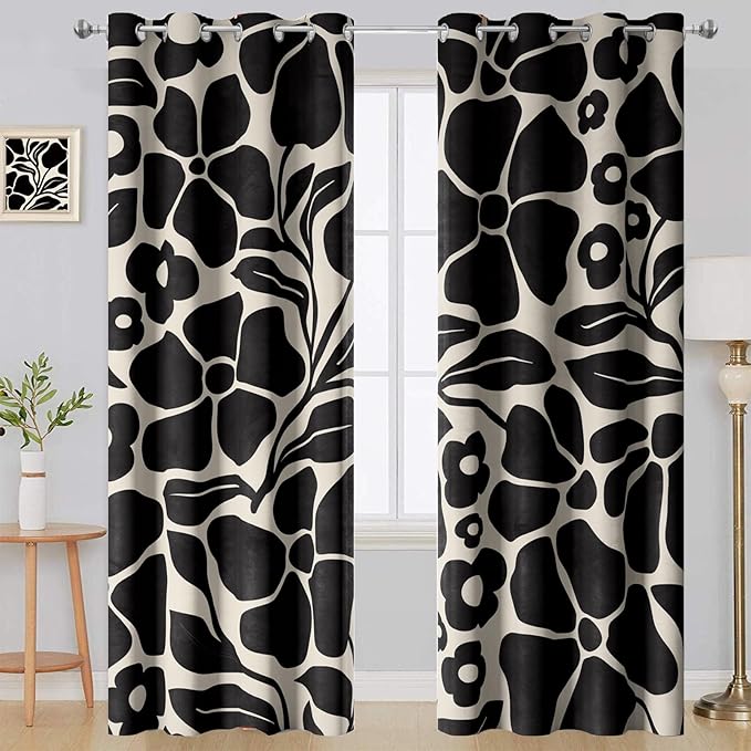 Boho Abstract Vintage Floral Blackout Curtains，Black Retro Flower Leaves Aesthetic Plant Window Drapes，Living Room Bedroom Decor 2 Panels 52x84 Inch