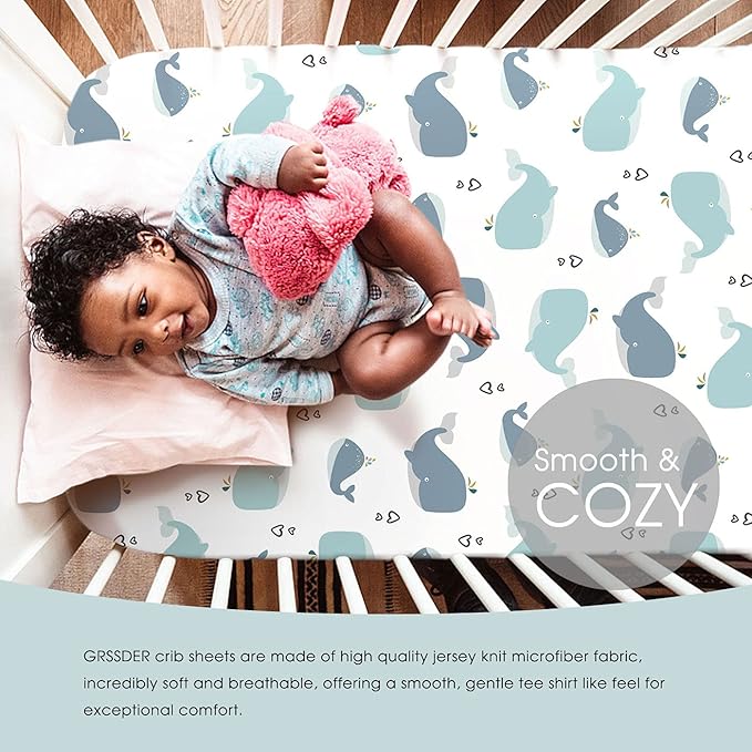 Stretchy Ultra Soft Jersey Knit Fitted Crib Sheets Set 2 Pack，Fits All Standard Crib Mattress Pads, Lovely Whale for Girls and Boys