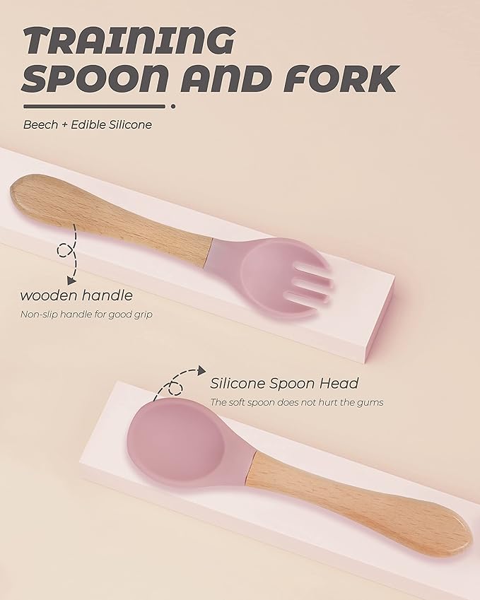 10pcs Bamboo & Silicone Baby Spoons & Forks - First Stage Baby Led Weaning, Chewable Utensils for Self-Feeding, Over 6 Months