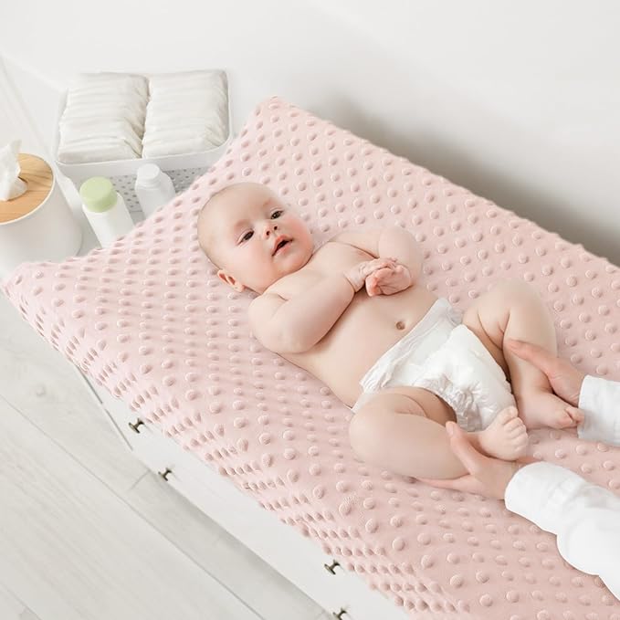 Susurration Changing Pad Covers 2Pack Minky Dots Plush Diaper Change Table Covers 33x17x7in Ultra Soft Changing Pad Sheets for Unisex Baby Girls Boys (Pink&Cream)